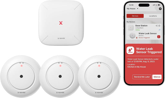 X-Sense Wi-Fi Water Leak Detector Kit, 110 dB, 3 Sensors + Base Station | Real-Time Alerts, 1700 ft Range, IP66 Waterproof, Detects Water as Low as 0.4 mm, for Sinks & Washers