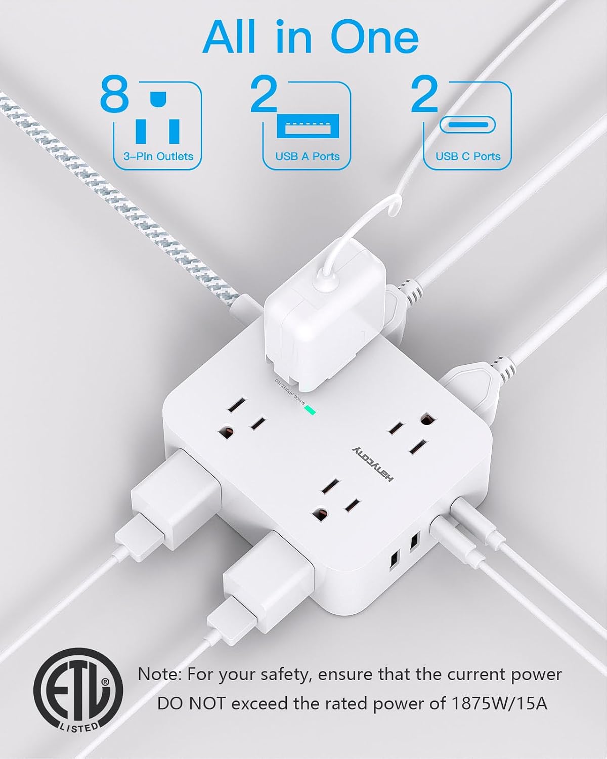 HANYCONY Surge Protector Power Strip, 1080J, 5 Ft Braided Extension Cord | 8 Outlets 4 USB Ports(2 USB C), Outlet Extender, Flat Plug, Wall Mount, Desk Charging Station, Home Office, Dorm Room ETL
