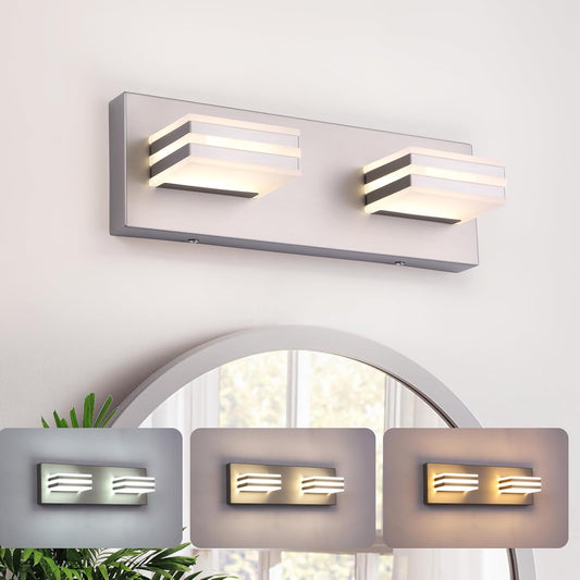 2-Light, 12.6-Inch Wall Lights Brushed Nickel Vanity Lights for Bathroom Light Fixtures Adjust 3 Colors Modern Bath Lighing Fixture Over Mirror