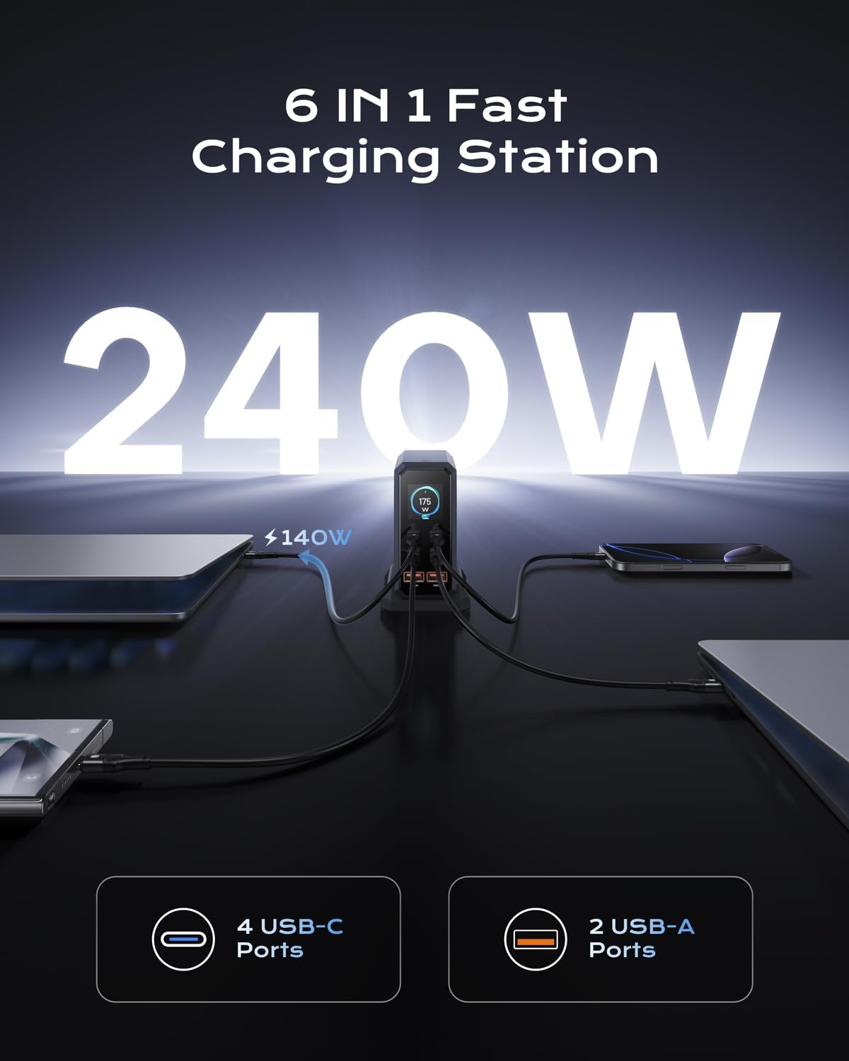 240W USB C Charger Block,ASOMETECH 6 Ports USB Charging Station,GaN 140W PD3.1 Laptop Fast Charger Adapter Desktop Charger Station with LCD Display for MacBook HP iPad iPhone Samsung