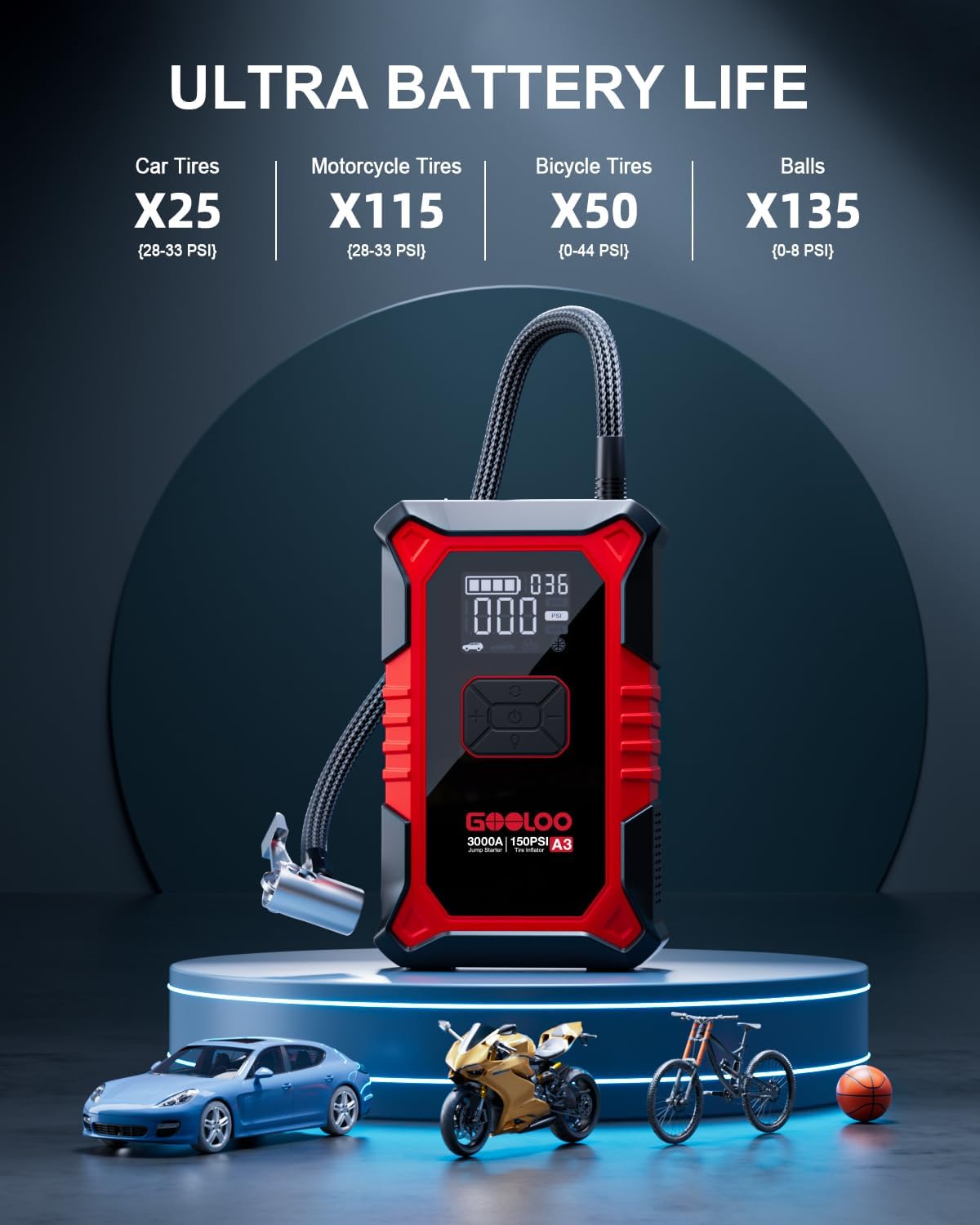 GOOLOO A3 12V 3000A Portable Jump Starter with Air Compressor | Supersafe Car Battery Booster Pack (9L Gas/6.5L Diesel) - BOOST for Dead Battery - 150 PSI Auto-Off Tire Inflator - LED Light