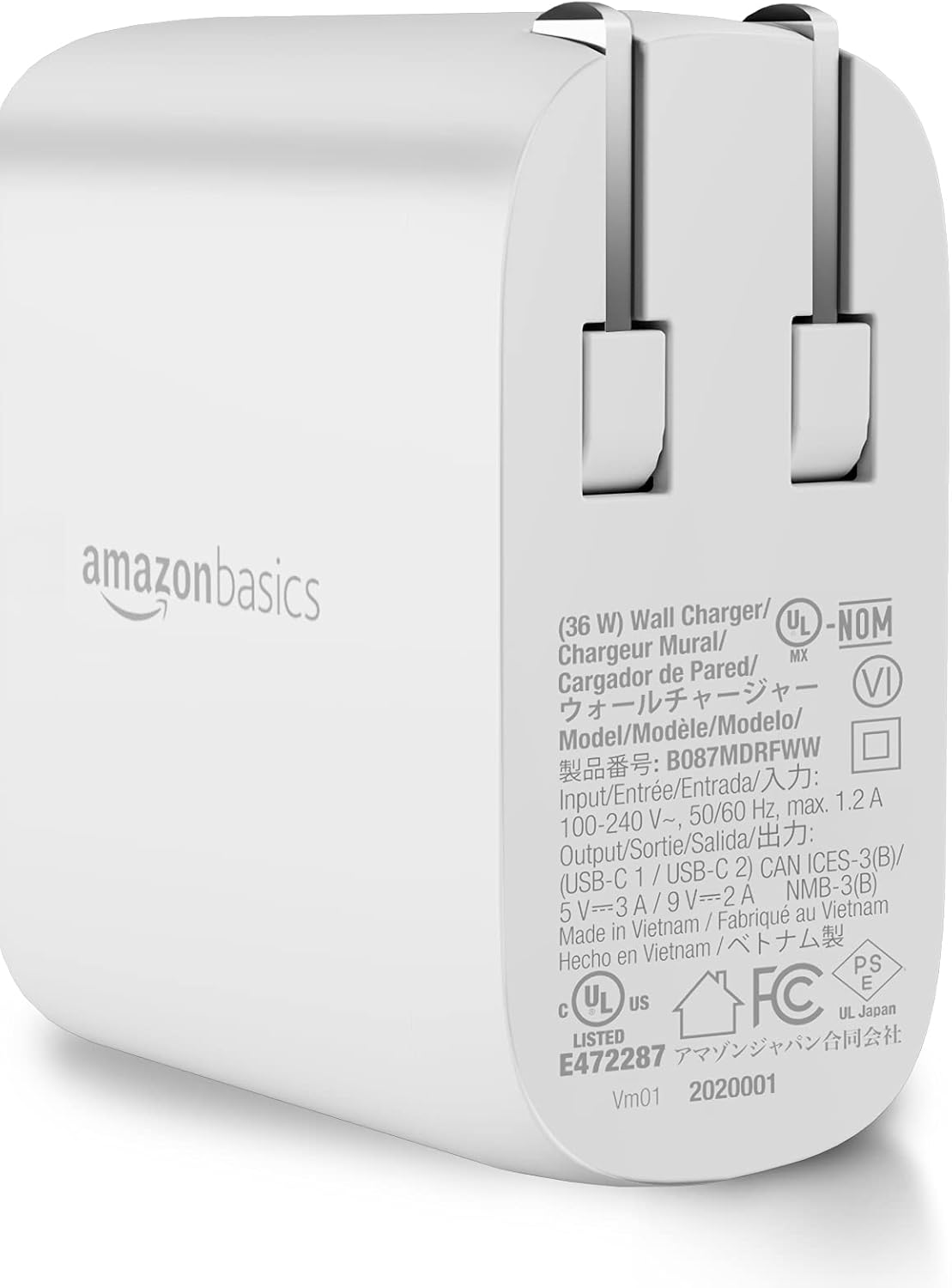 Amazon Basics 36W Dual Port USB-C Wall Charger with Power Delivery, Foldable Plug, for Tablets and Phones, Apple Watch, White, 2.34 x 1.09 x 2.21 in (PD36U-2TNB)