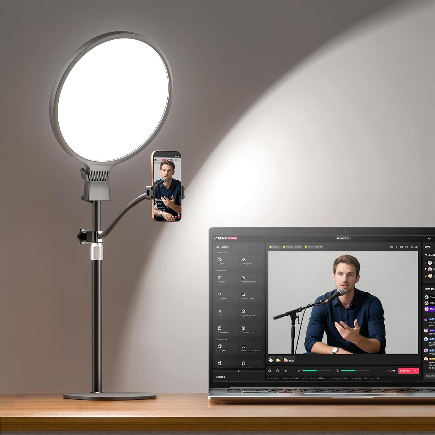 1300 Lumens Ring Light with Stand for Desk, Computer &amp; Laptop – Podcast &amp; Streaming Light with Flexible Phone Holder, CRI 98+ Bright Yet Soft Influencer Light for Video Recording, Conference &amp; Calls