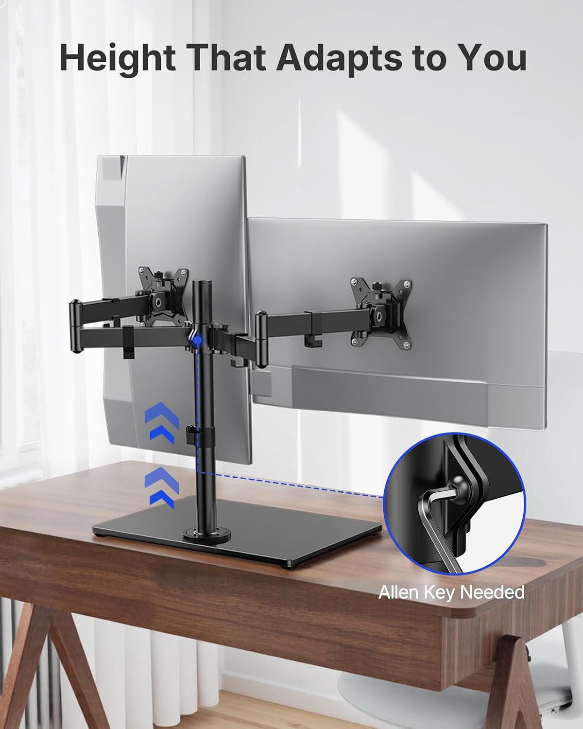HUANUO Free Standing Dual Monitor Stand for 13-32 Inch Monitors, Glass Base | Free Standing Base, Two Setup Options, Adjustable Dual Arms, 22 lbs per Arm, VESA 75x75/100x100mm, Easy Portrait Rotation