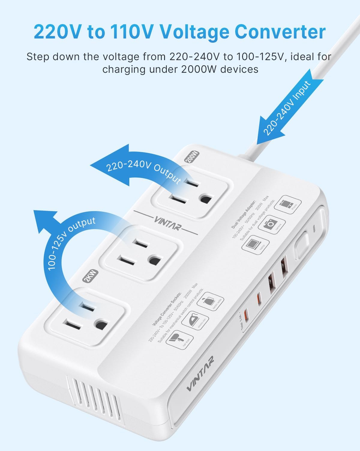 VINTAR 220V to 110V Converter, 2000W Travel Voltage Converter US to Europe | Universal Travel Adapter, 4 USB Ports(2 USB C), Step Down Transformer, Power Converter Adapter Combo for EU UK JP AU India SA