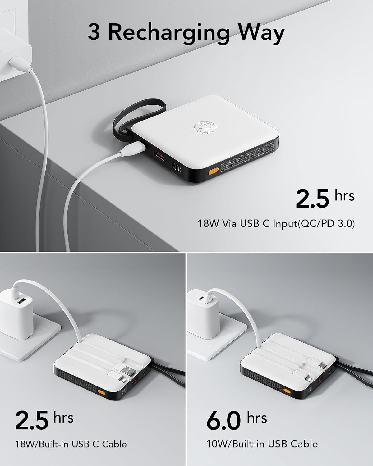 VRURC Battery Pack Portable Charger 10000mAh, 22.5W Fast Charging | Power Bank with Built-in Cable, LED Display for Cell Phone, for iPhone 17 16 15, Samsung Galaxy and USB-C Devices (White)