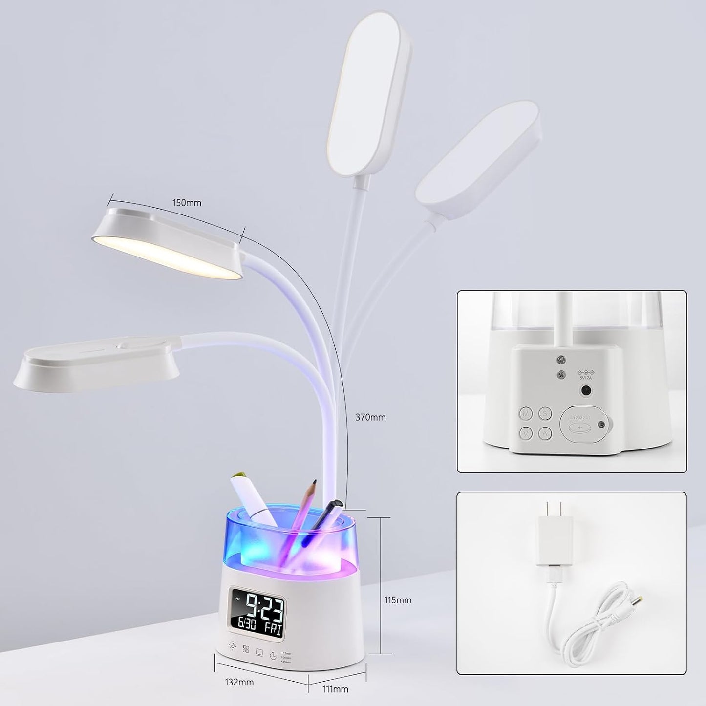 Led Desk Lamp with Pen Holder, Touch Lamps for Nightstand with 3 Color Modes, Eye-Caring Bedside Reading Light with Clock, Office Lamps Stepless Dimming, Lamp for Dorm Room, Suitable for Kid/Girl/Boy