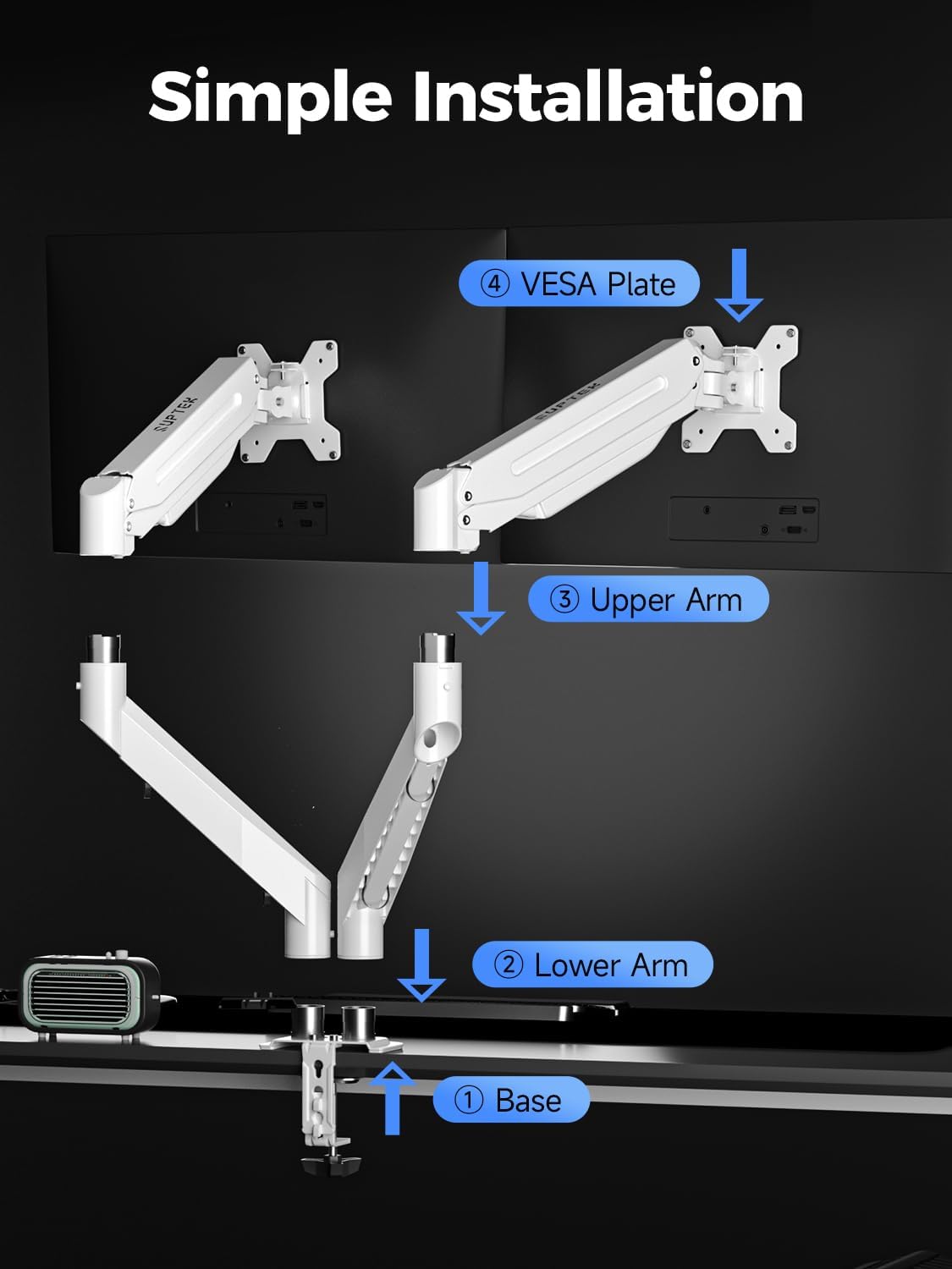Suptek Dual Monitor Mount Stand-Height Adjustable Gas Spring Monitor Arm Desk Mount for 2 Monitor Screens 17 to 35 inches - Each Arm Holds up to 22lbs,White(MD8SPW)
