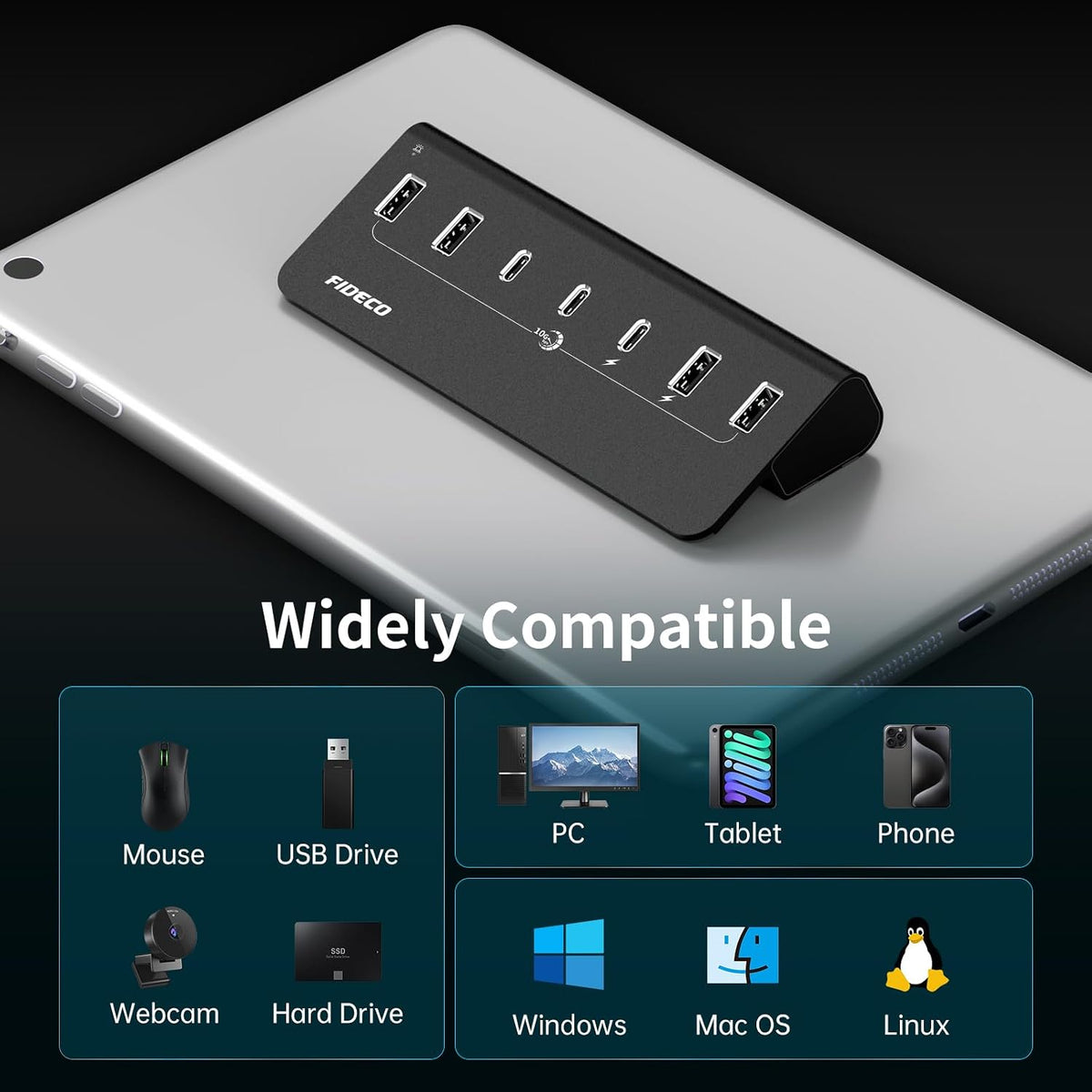 FIDECO Powered USB Hub, 7 Port 10Gbps Fast Data Hub for iPhone 16/15 and Laptop, Full Aluminum USB Splitter with 5V 3A Power Adapter, 4 USB A and 3 USB C Ports, Support BC1.2 Charging