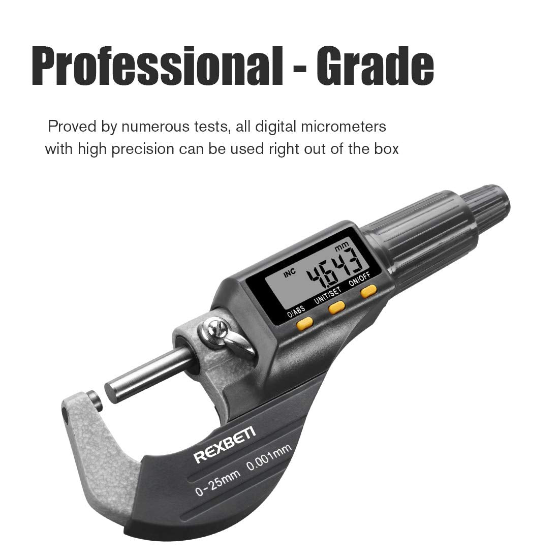 REXBETI Outside Micrometer, Ultra-Precision Carbide Tipped Measuring Tool | Digital Micrometer, Professional Inch/Metric, 0.00005"/0.001 mm Resolution Thickness Gauge, Protective Case, Extra Battery
