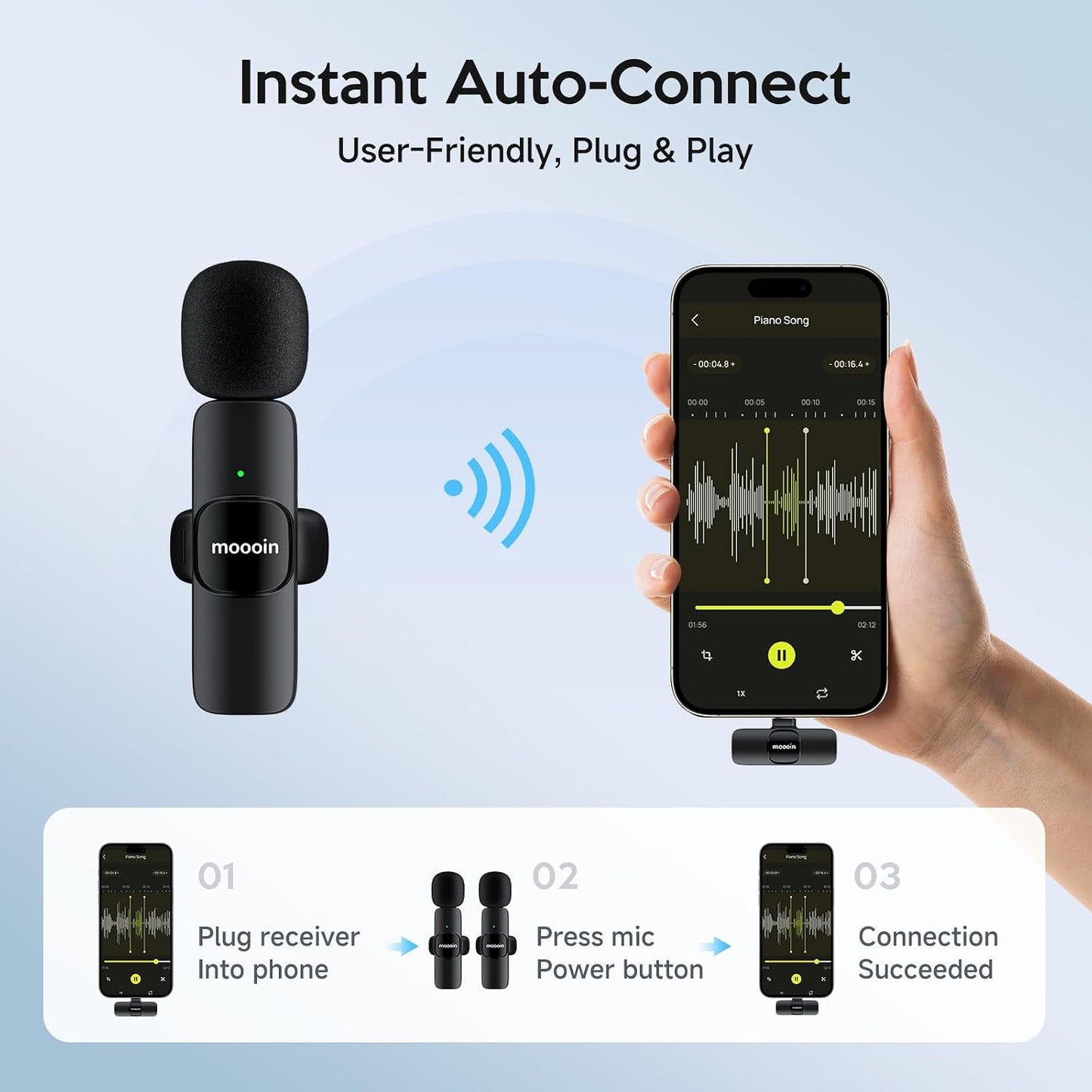 Wireless Mini Microphone for iPhone/Android:Lapel Microphone for Video Recording,Plug and Play,Live Streaming and Podcasting-Textured Black