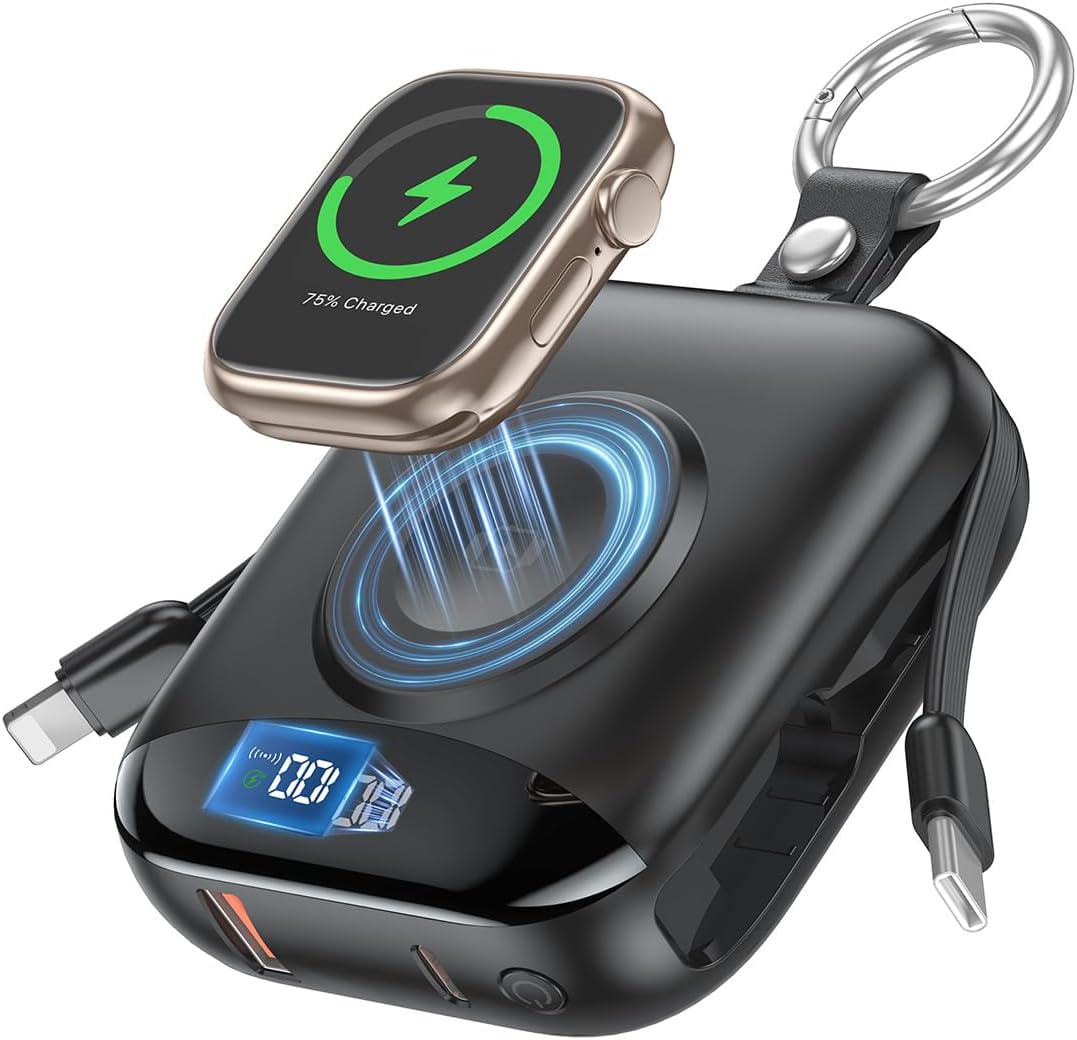 citicr Portable Charger 10000mAh w/Built-in Cables & iWatch Charger Black | Fast charging, Built-in cables, LED display, Charge 5 devices at once, Ring buckle, TSA approved, Pocket size, Charge iWatch