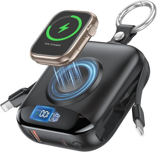 citicr Portable Charger 10000mAh w/Built-in Cables & iWatch Charger Black | Fast charging, Built-in cables, LED display, Charge 5 devices at once, Ring buckle, TSA approved, Pocket size, Charge iWatch