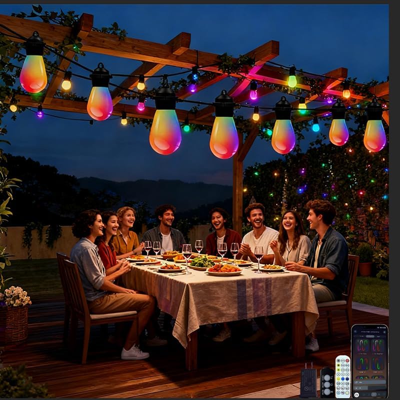 Outdoor String Lights S14, Smart Patio Lights with 15 Shatterproof LED Bulbs, APP & Remote Control, 213 Scene Modes, IP67 Waterproof for Garden, Wedding, Party, Camping