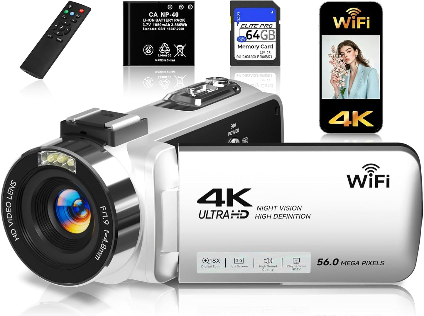 4K Video Camera Camcorder with 64GB SD Card, 56MP WiFi Vlogging Camera for YouTube, IR Night Vision, 3.0" Touch Screen, 18X Zoom, Webcam & Remote, Black