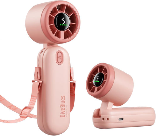Diveblues Mini Portable Handheld Turbo Fan 27ft/s, 4000mAh Battery | 12H Max Cooling, 5 Speeds, LED Display, Quiet Motor, 3-in-1 Handheld/Neck/Desk Fan for Travel, Cruise & Disney Essentials