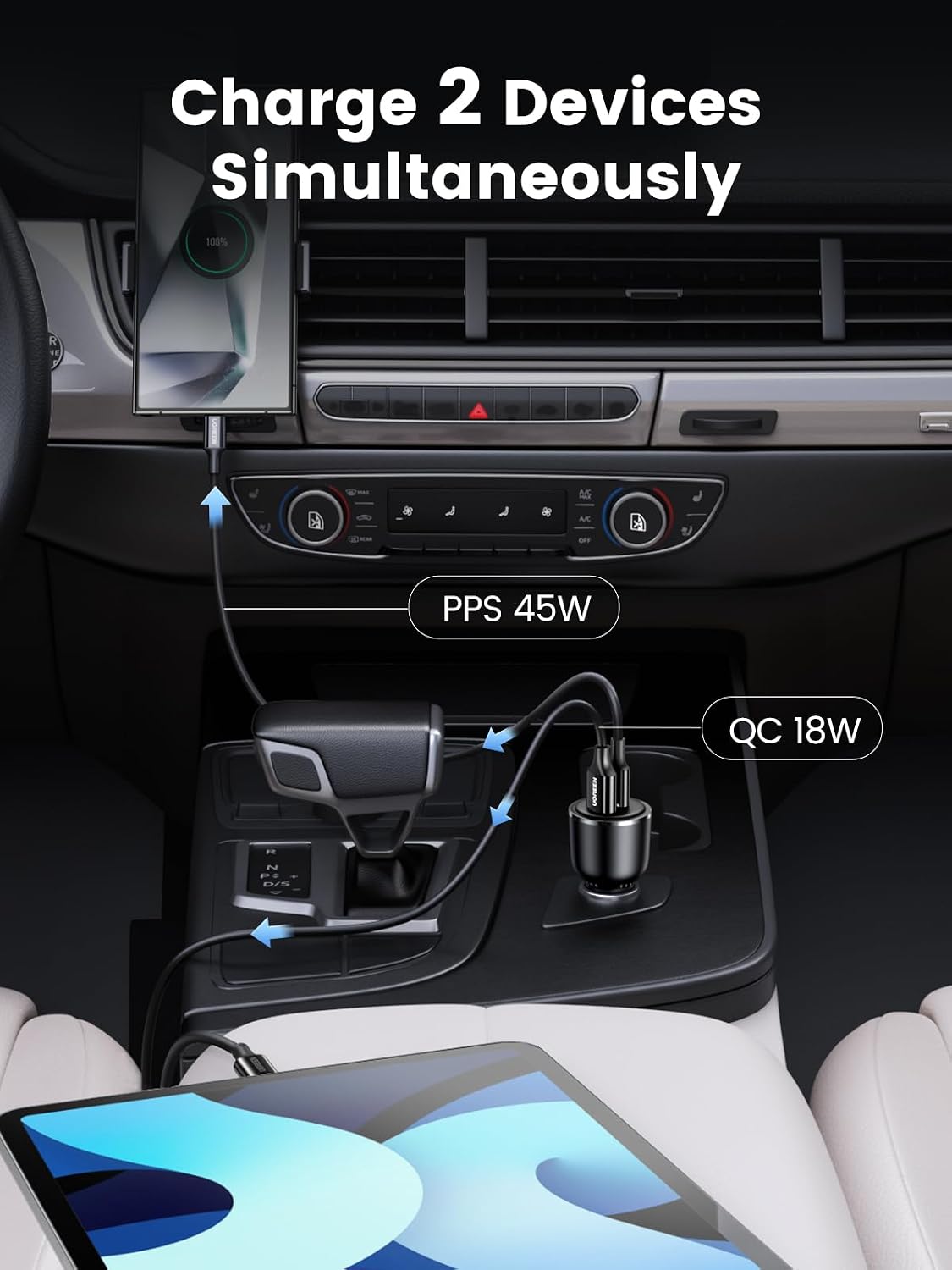 UGREEN 63W 2-Port USB C Car Charger, Type C Cigarette Lighter Adapter | 1 USB-C 1 USB-A, Compatible with iPhone 17 Air 17 Pro 17 Pro Max 16 15 14 13 12, Galaxy S25 S24 S23 Ultra, iPad