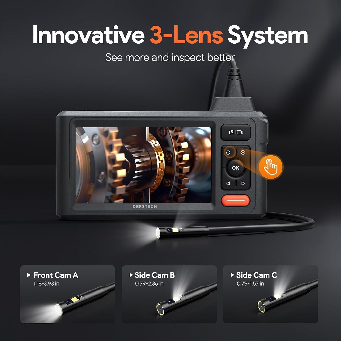 DEPSTECH 50FT Endoscope Camera, 5" IPS Screen Triple Lens Inspection Camera | 1080P HD Endoscope Camera with 10 LED Light,Semi-Rigid Snake Cable, Photo & Video, IP67 Waterproof for Plumbing, Pipe, Drain