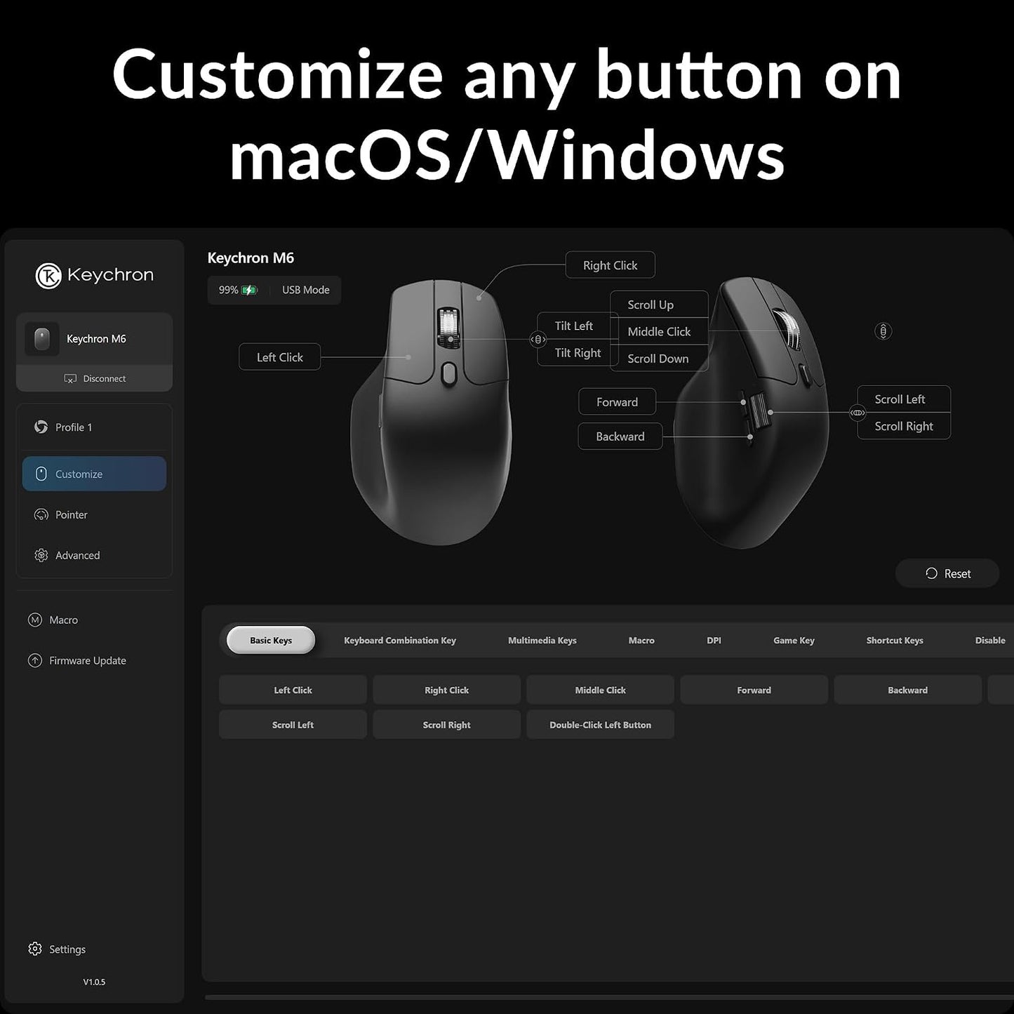 Keychron M6 Silent Wireless Gaming Mouse, 1000Hz, Bluetooth 5.3/2.4GHz/Wired, PixArt 3395 Sensor (26K DPI), 86g, On-Board Memory Profiles for Plug & Play, Programmable for Mac/Windows/Linux – Black
