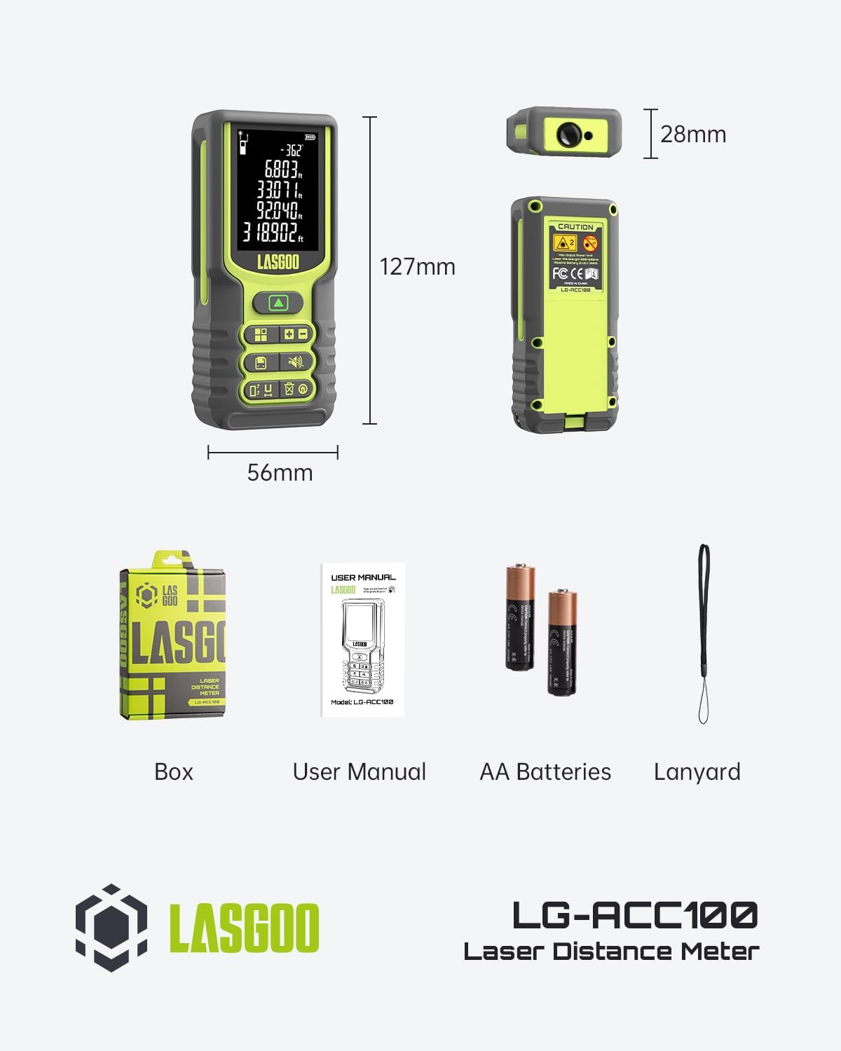 Laser Measure, LASGOO 100m/328ft Laser Measurement Tool, Laser Distance Meter with Angle Sensor, Ft/in/M Units, LCD Backlit Display, Length/Area/Volume/Pythagorean Mode, Battery Included