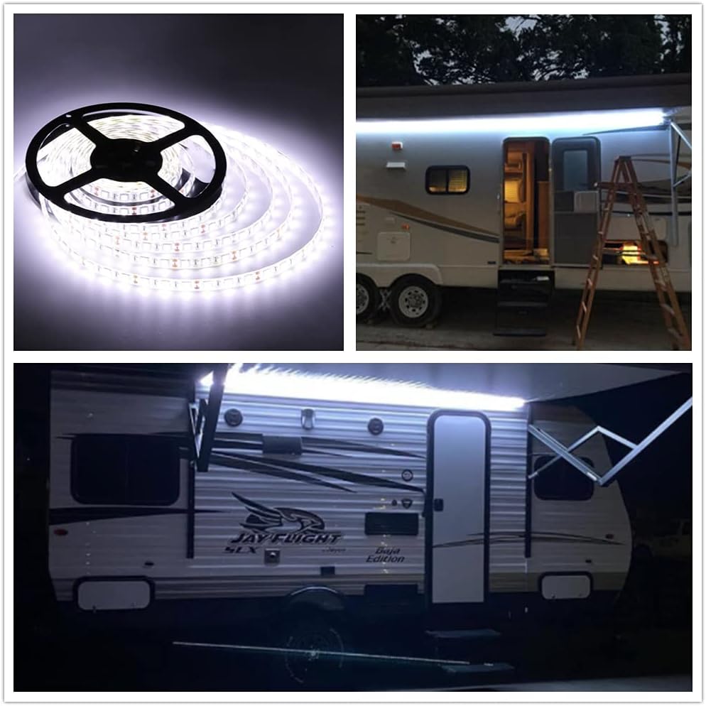 RV Awning Lights, 12V 16.4FT White Camping Awning Lights | Motorhome Travel Trailer Food Trucks Van Waterproof Canopy Led Strip Lighting, RV Exterior Underglow Light