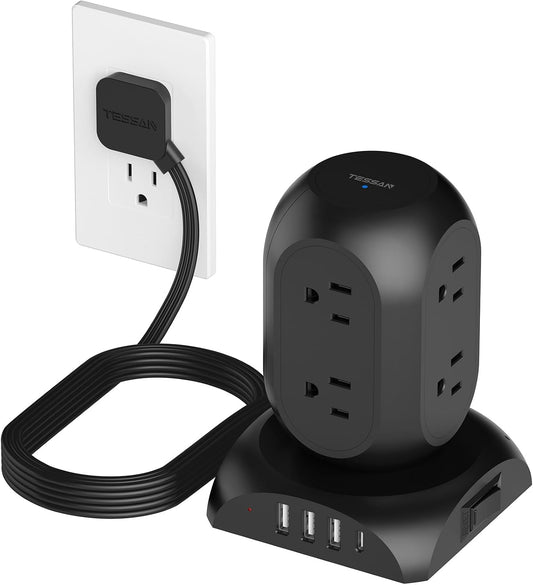TESSAN Flat Plug Tower Power Strip with 1050J Surge Protector, 10 Ft, Black