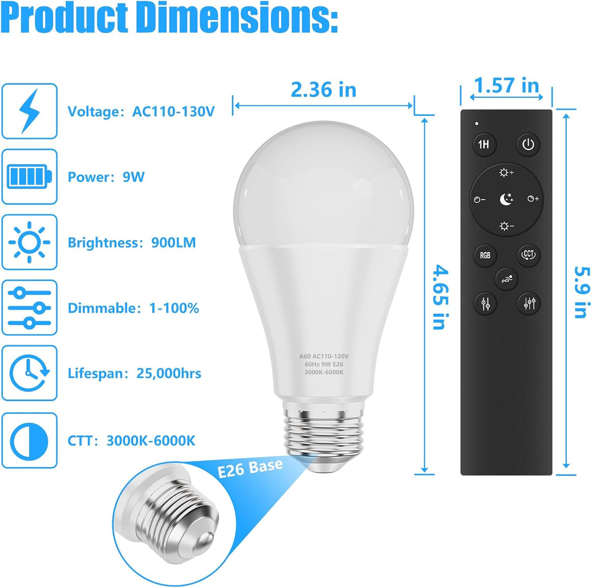 A19 LED Light Bulbs with Remote Control, 800LM 9W, 60W Equivalent LED Bulbs,Stepless Dimmable 3000K-6000K,E26 Base,CRI 80+,2.4GHz,25000+ Hours Lifespan,Light Bulb for Home Decor,1Bulb&1Remote