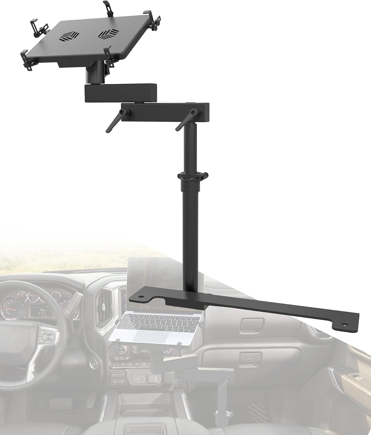 Truck Laptop Mount Fit for 19-25 Chevy Silverado, Tahoe, GMC Sierra, No-Drilling Vehicle Laptop Mount Built-in Cooling Fan Adjustable Truck Computer Stand