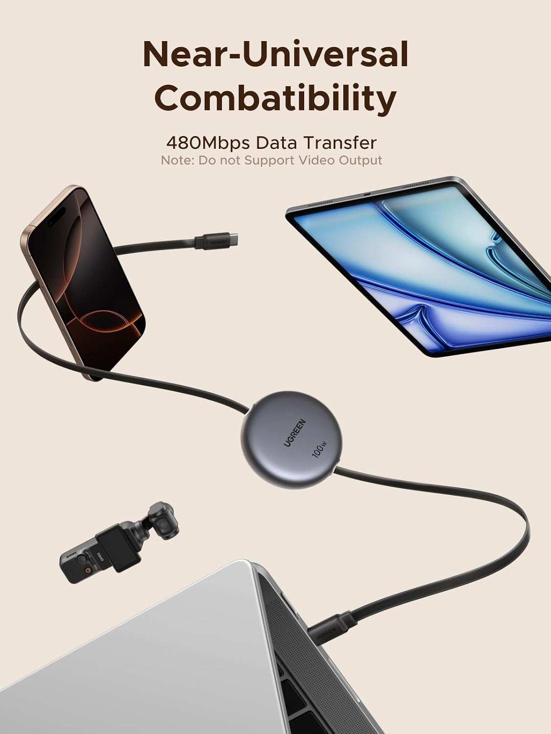 UGREEN 100W Retractable USB C Cable, Fast Charging, Black, 3.3FT | Compatible with iPhone 17/16/15, MacBook Pro/Air, Galaxy S26/S25, iPad Pro/Air, Pixel 10/9, Switch, AirPods. Nylon Braided