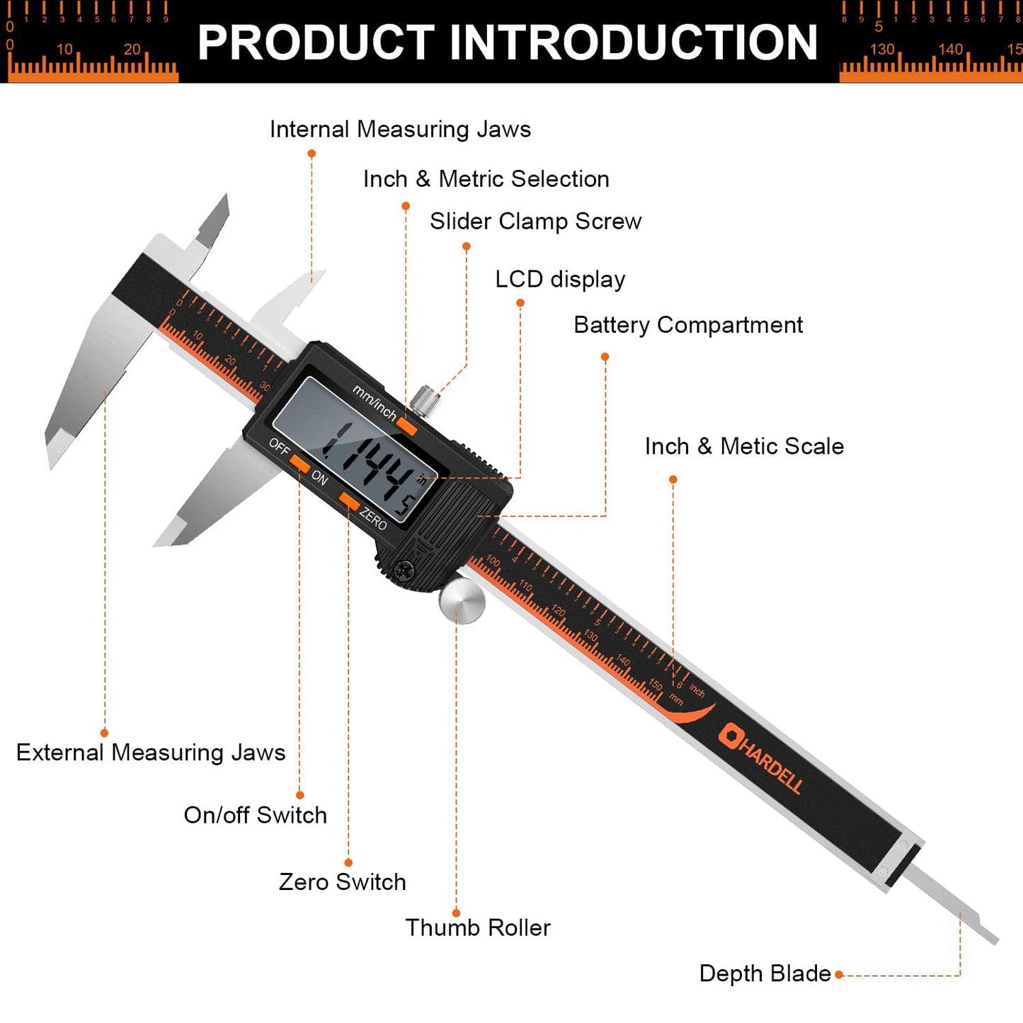 HARDELL Digital Caliper 6 Inch, Caliper Measuring Tool with Large LCD | Stainless Micrometer Calipers, Inch/mm Conversion, 4 Modes, Auto-Off and Sturdy Case. For DIY, 3D Printing and Jewelry
