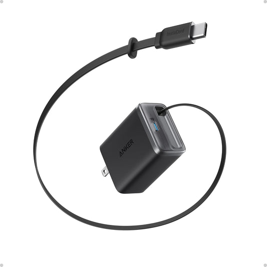 Anker Nano Retractable USB C Charger Block, Compact 35W Phone Charger | 2-Port Charger with Durable Built-in Anker InstaCord Retractable Cable, for iPhone 17/16/15, iPad(Black,Non-Battery)