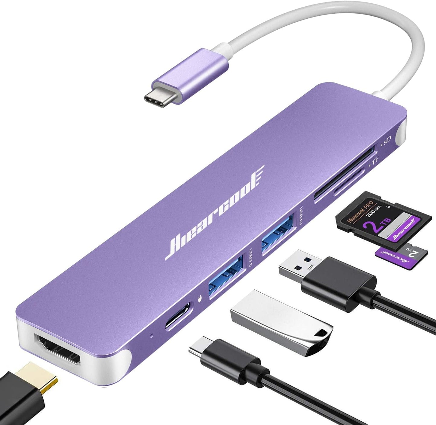 Hiearcool USB C Hub, 7-in-1 USB C Dongle for MacBook, HDMI, PD, Purple