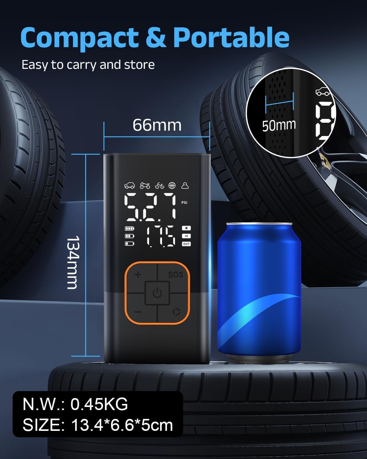 Tire Inflator Portable Air Compressor, Cordless Car&Bike Tyre Pump | With Digital Dual Values Display, 150 PSI Bike Tires Air Pump with LED Lights&Pressure Gauge for Auto/Bicycle/Motocycle/Balls