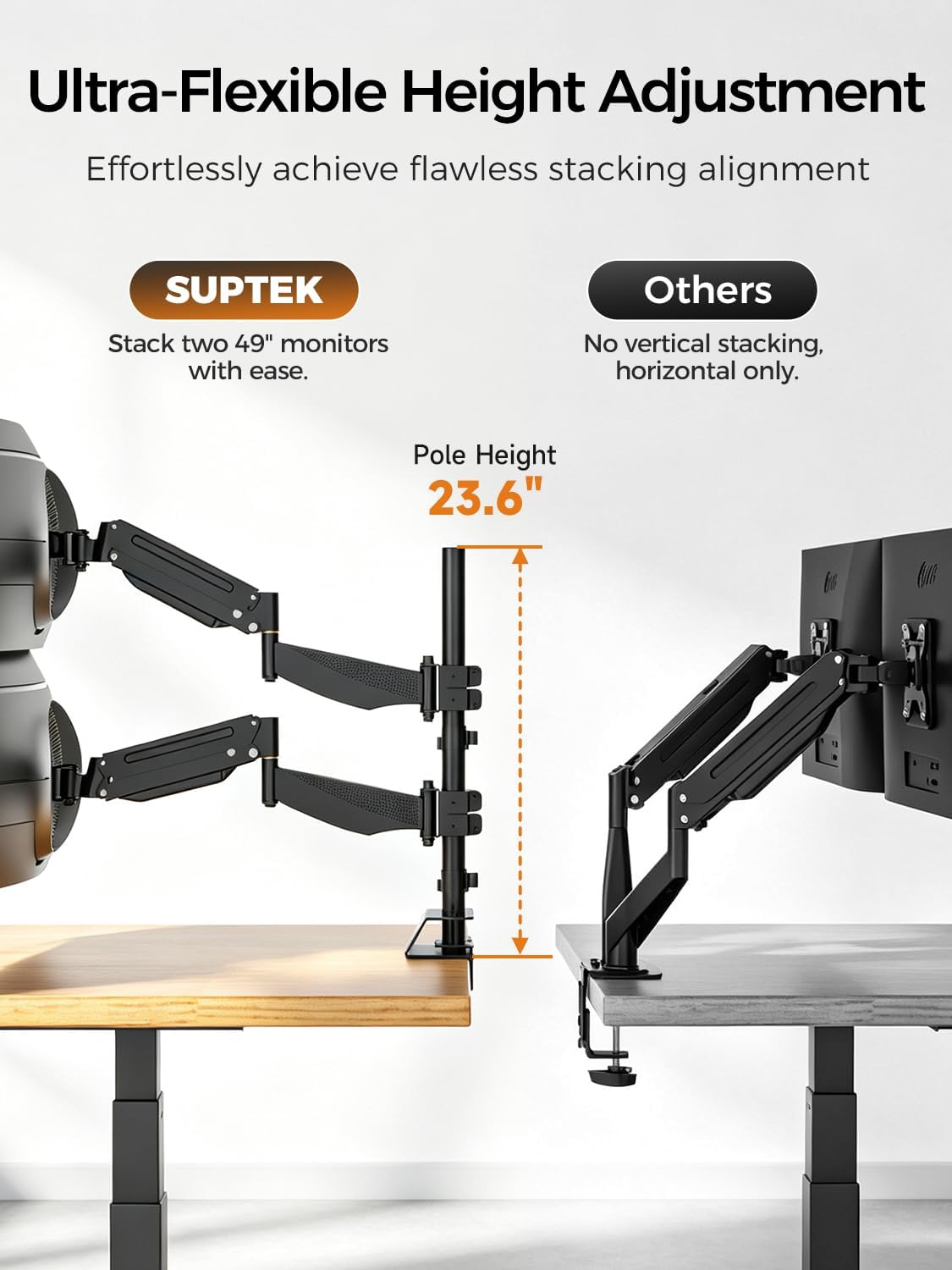 suptek Dual Monitor Arm Desk Mount for 17-49 Inch Ultrawide Monitors, Heavy Duty Dual Monitor Mount Holds 44 lbs, Full Motion Gas Spring Vertical Stacked Monitor Mount, 75/100 VESA Mount, Black