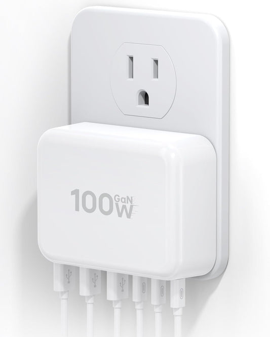 100W USB Fast Charger Block, Flat 6-Port Fast GaN USB Charging Station Hub | Multiple USB C Wall Charger Plug, Compact Charging Block for iPhone 17/16/15/14/13/12/11/Pro Max/XS/XR,iPad,Samsung,LG,HTC