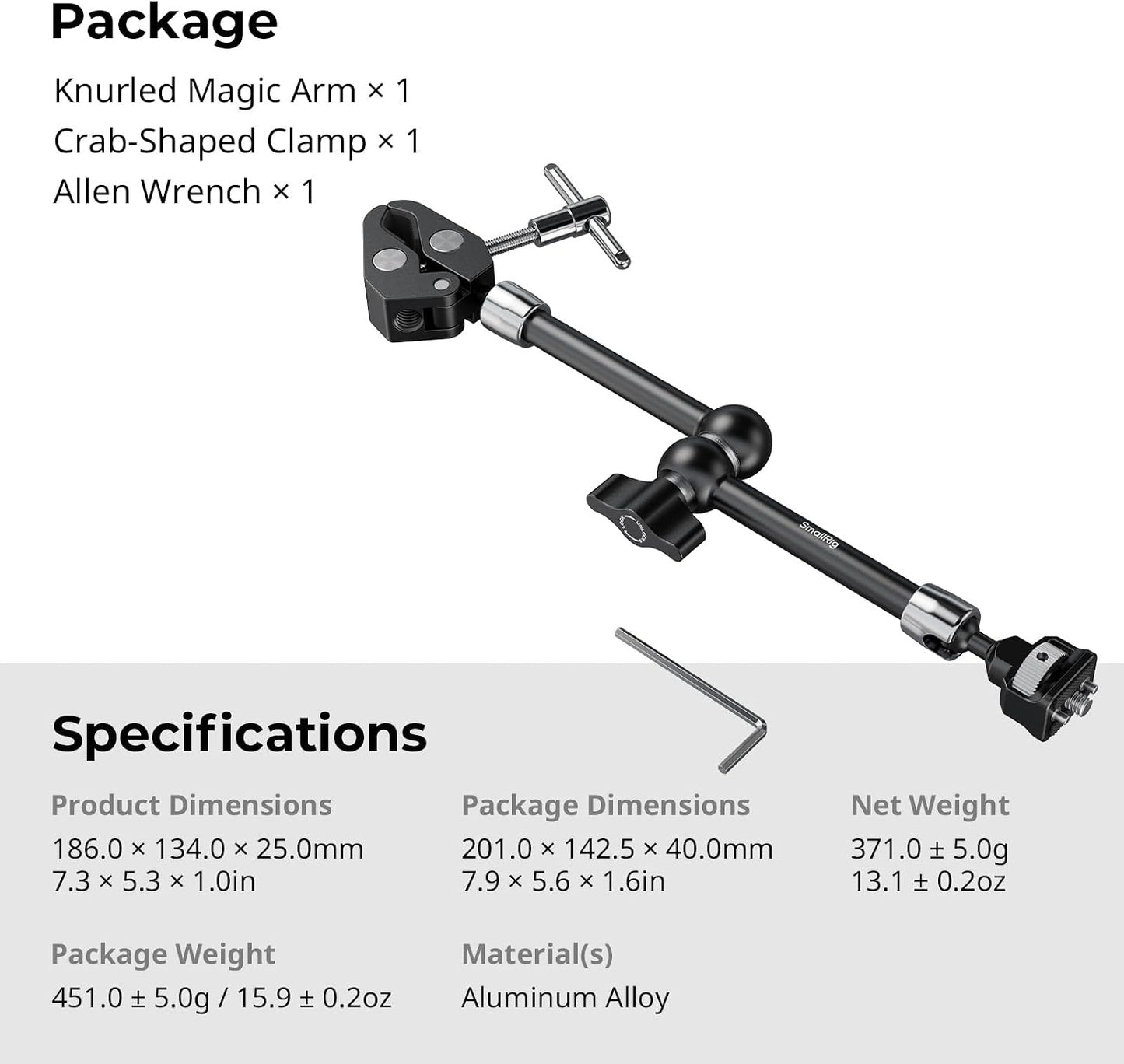 SMALLRIG 11" Magic Arm Clamp with 1/4"-20 Screw & Retractable Pins | for Action Cameras, Monitors, Lights, and Microphones