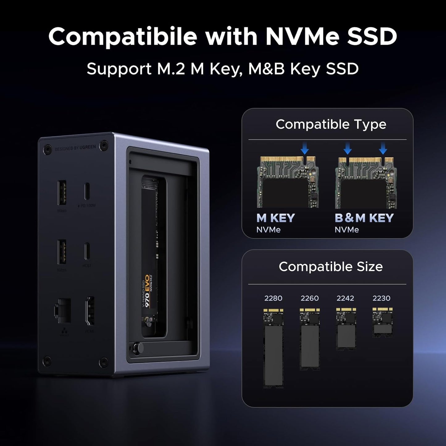 UGREEN Revodok NVMe 10-in-1 Docking Station 4K@60Hz HDMI | M.2 NVMe SSD Enclosure, 10Gbps USB-C/A, 100W PD Charging, Gigabit Ethernet, SD/TF for MacBook M5, Mac mini M4, Windows Laptop