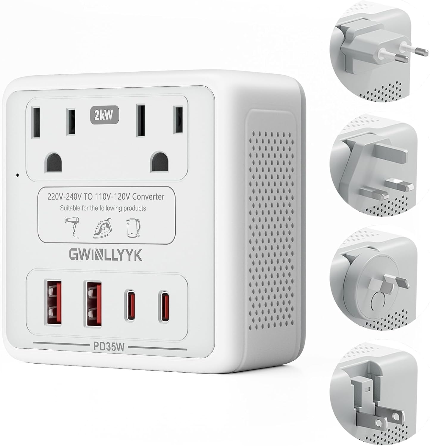 2000W 220V to 110V Voltage Converter Us to Europe for Hair Dryers, Travel Converter with PD 35W USB Ports, Converter for European Travel, International Travel Adapter with Type C G I A (Gray)