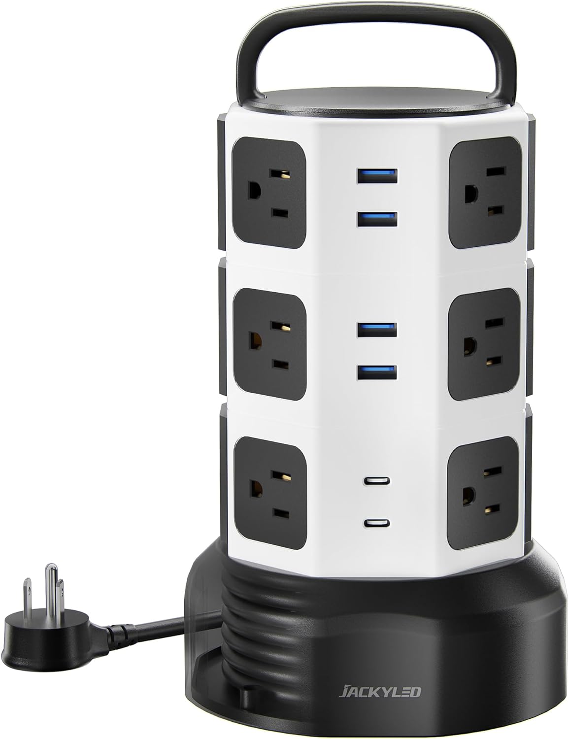 JACKYLED Power Strip Tower Surge Protector, 12 AC 6 USB (2 USB C), 1050J | Retractable Extension Cord with Multiple Outlets, 1625W/13A Outlet Extender, USB Charging Station for Home Office Dorm