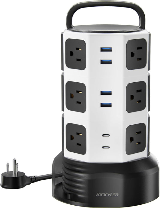 JACKYLED Power Strip Tower Surge Protector, 12 AC 6 USB (2 USB C), 1050J | Retractable Extension Cord with Multiple Outlets, 1625W/13A Outlet Extender, USB Charging Station for Home Office Dorm