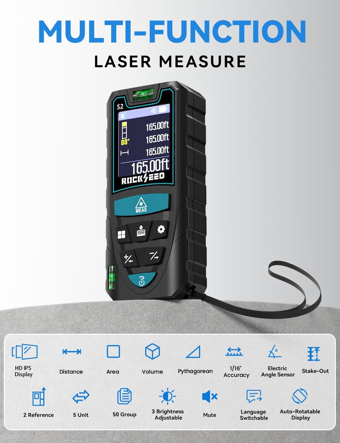 Laser Measuring Tool 165ft, RockSeed S2C Red Beam Laser Measure with Rotatable HD IPS Color Screen, 12 Measurement Modes, 3 Leveling Modes, 5 Units Switchable, for Stake Marking/Distance/Area/Volume