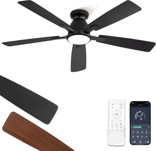Fanbulous 52 Inch Flush Mount Ceiling Fan with Light, Remote & App, Black