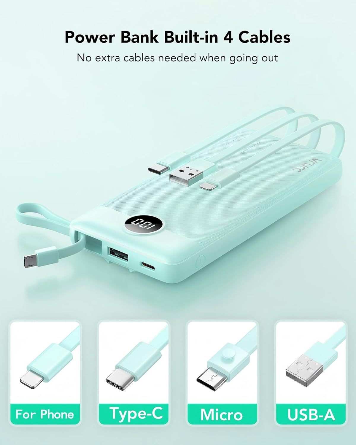 VRURC Power Bank with Built-in Cables,USB C Portable Charger for iPhone | 10000mAh Slim Charging Bank with Lanyard, Perfect for Travel, Work, School and Daily Carry-Green