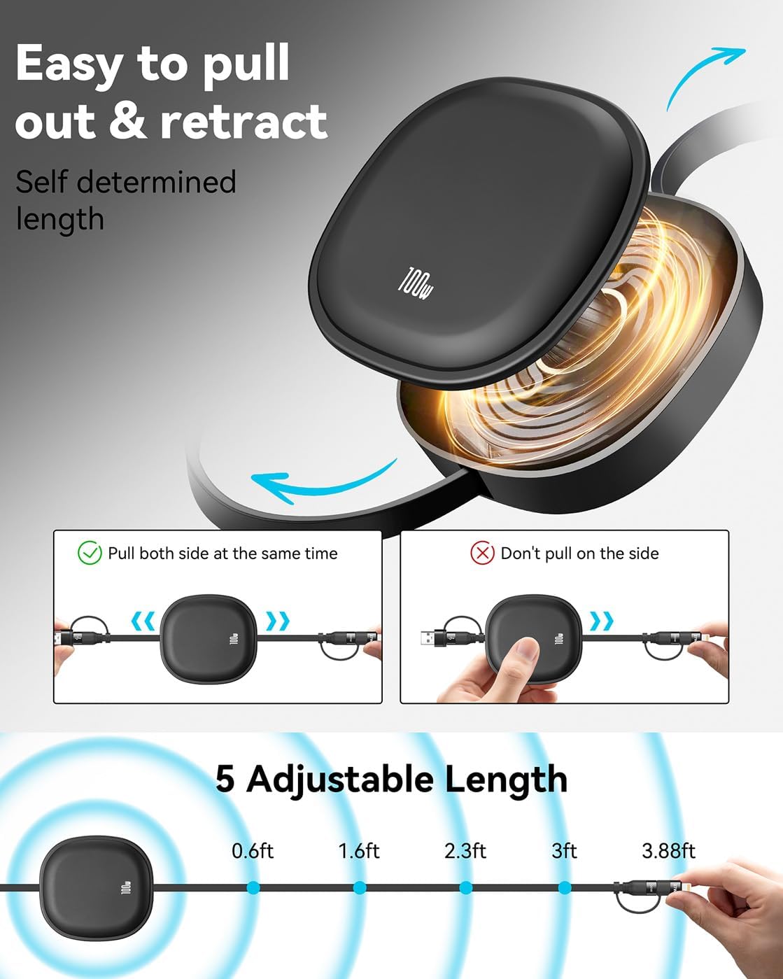5 in 1 Retractable Cable,100W Multi Charging Cord for Multiple Devices | Adjustable Length Retractable Charger Cable & Phone Holder, USBA/C/Lightning/Micro for iPhone 17-11 Pro/Max, Galaxy, iPad, Ps