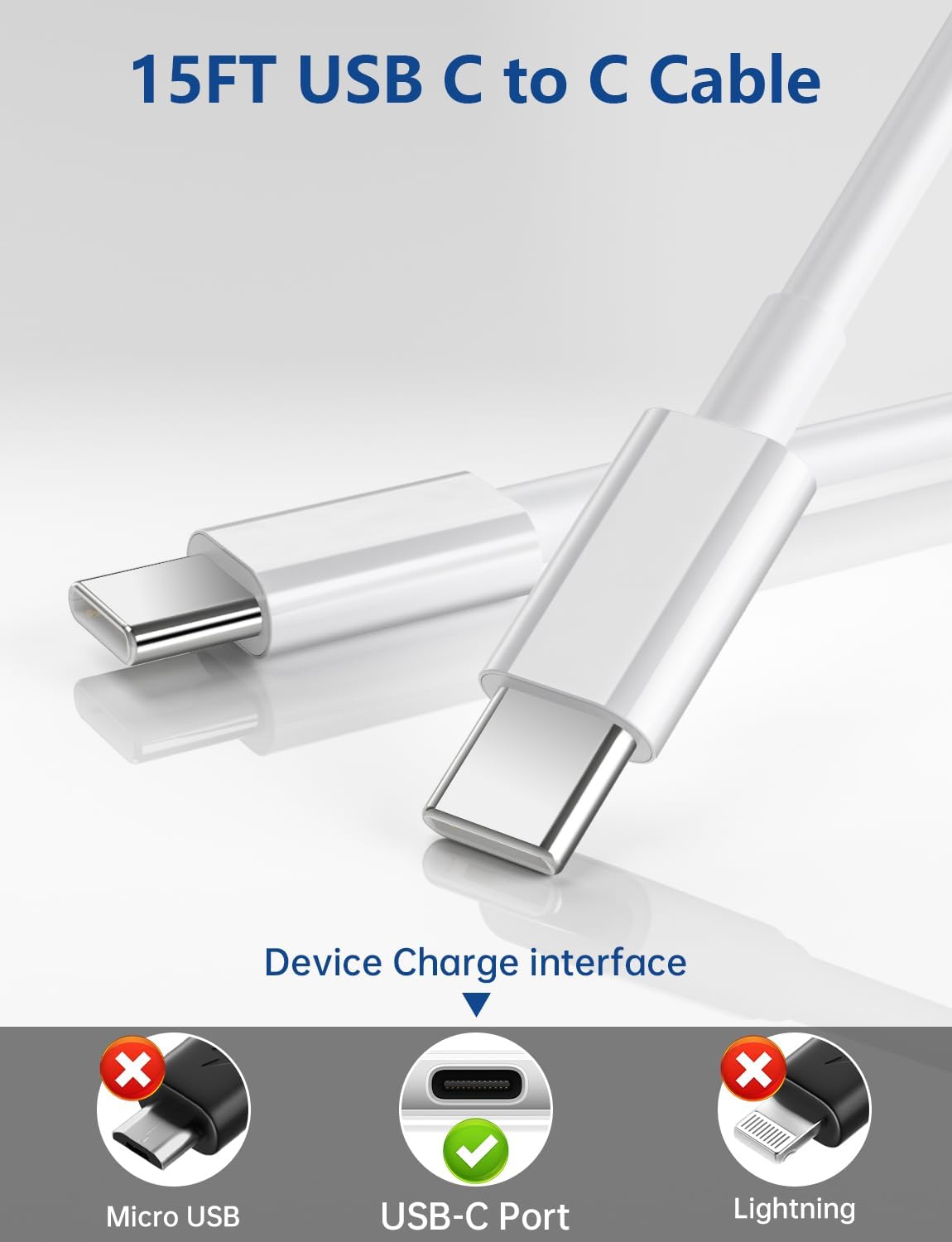 15FT USB C to USB C Cable, Long 60W USBC to USBC Cord Fast Charging | Extra Long Type C to Type C Cable for iPhone 17 16 15 Pro Plus Pro Max,Galaxy S26/S25/S24,iPad Pro/Air,MacBook Pro/Air, White