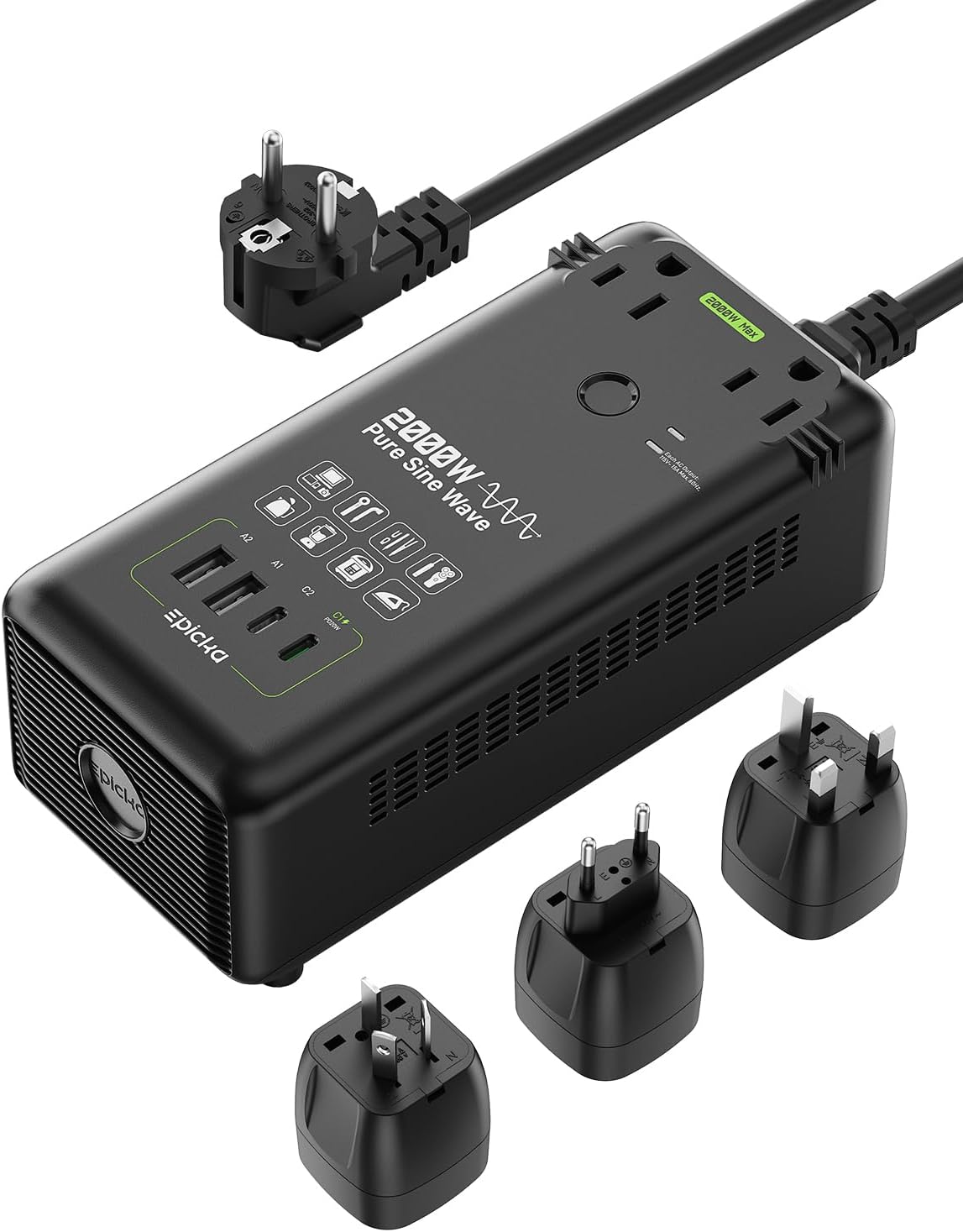 EPICKA 2000W Pure Sine Wave Voltage Converter, 220V to 110V | Universal Travel Plug Adapter for EU/UK/AU/JP, 20W PD Fast Charging, 2AC/2USB-A/2USB-C, Black