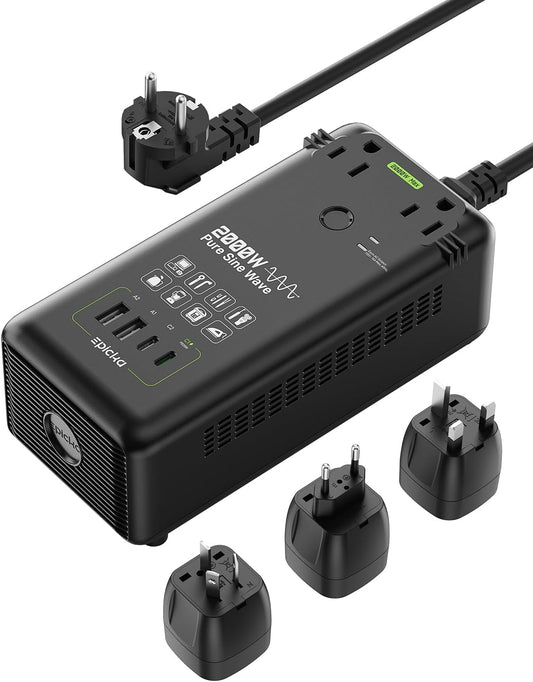 EPICKA 2000W Pure Sine Wave Voltage Converter, 220V to 110V | Universal Travel Plug Adapter for EU/UK/AU/JP, 20W PD Fast Charging, 2AC/2USB-A/2USB-C, Black