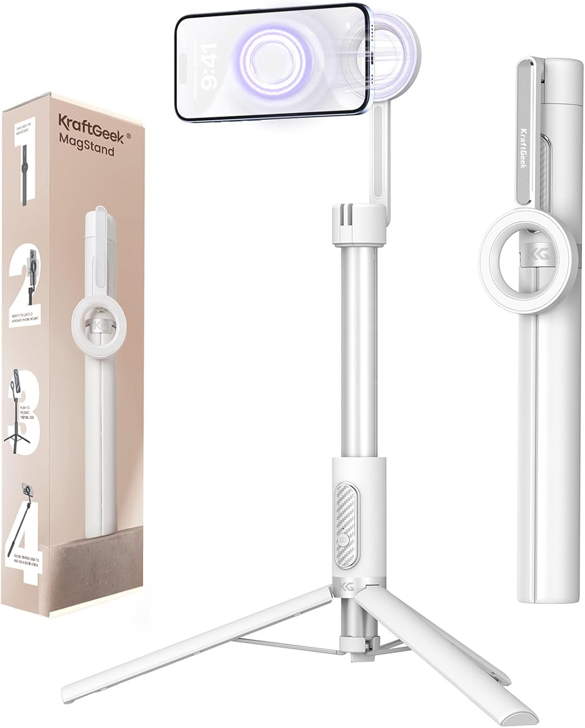KraftGeek Magnetic Phone Tripod for iPhone, 64" Selfie Stick for Magsafe | N52 Magnetic Mount, Reinforced Aluminum, Portable Cell Phone Tripod Stand with Remote for Travel, Vlogging & Video Recording
