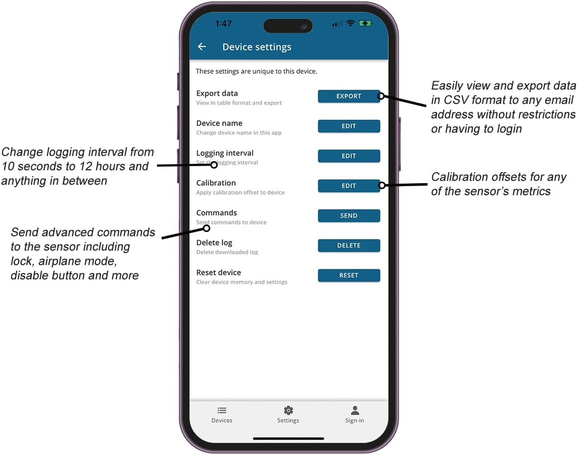 Bluetooth Compatible Thermometer, Hygrometer & Dew Point Sensor and Logger, Smart Temperature Humidity Monitor, Unlimited Phone Storage. Simple Data Export. Made in USA