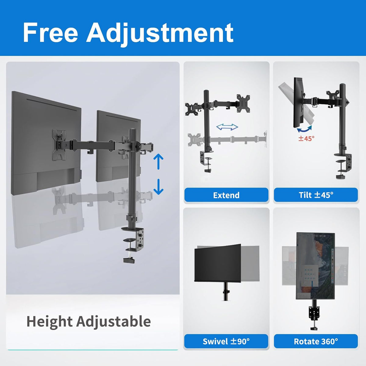Dual Monitor Mount for 17-27 Inch Monitors up to 17.6 lbs, Desk Clamp